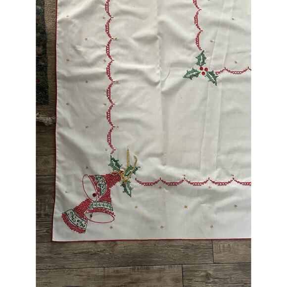 Vintage Cross Stitch Hand Embroidered Christmas Bells Tablecloth 84" x 57 - Picture 4 of 4